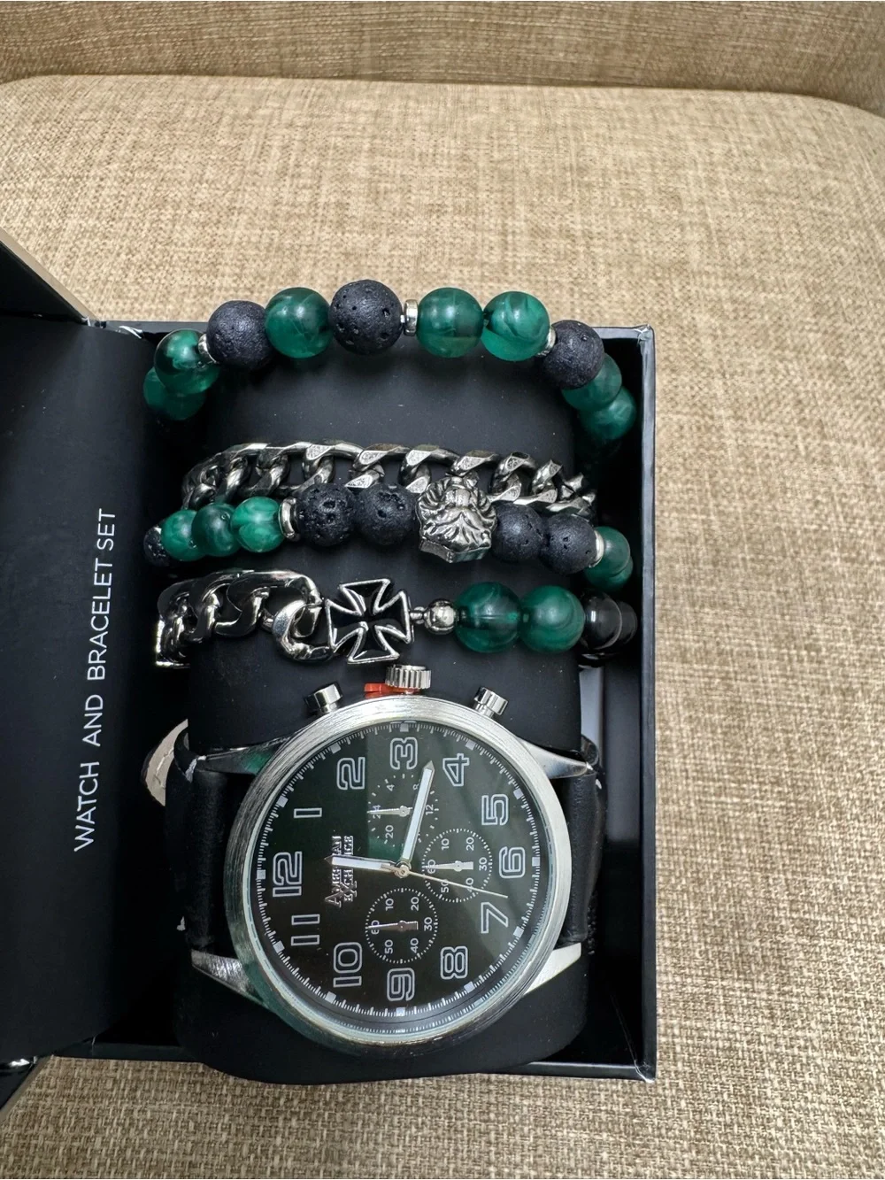 American Exchange Men’s Quartz Chronograph Green Dial Black Leather Strap Box